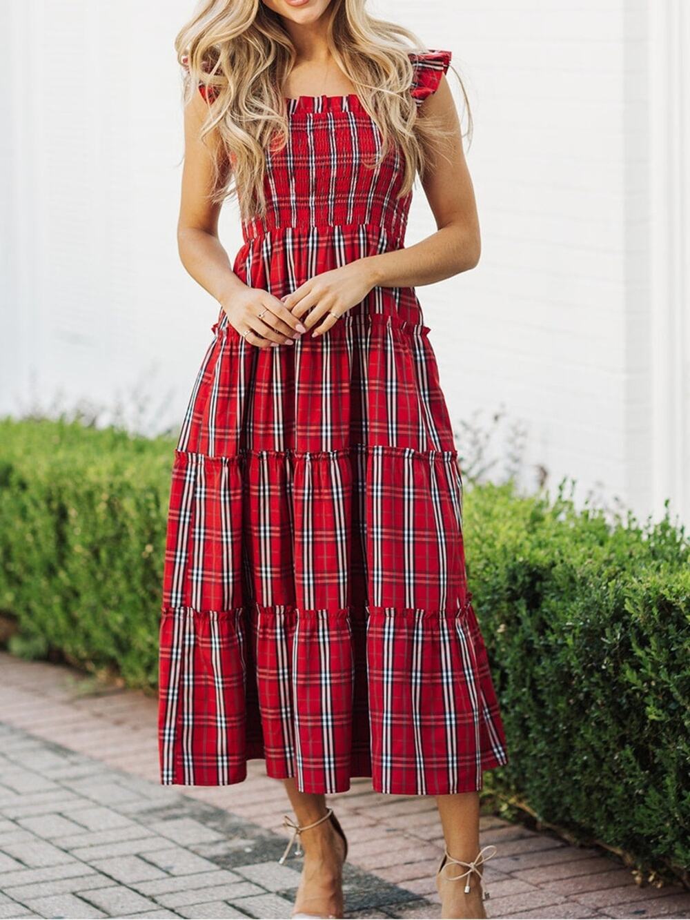 J. Marie Noelle Plaid Smocked Midi Dress Ruffle Straps Pockets Red Size XS NWOT